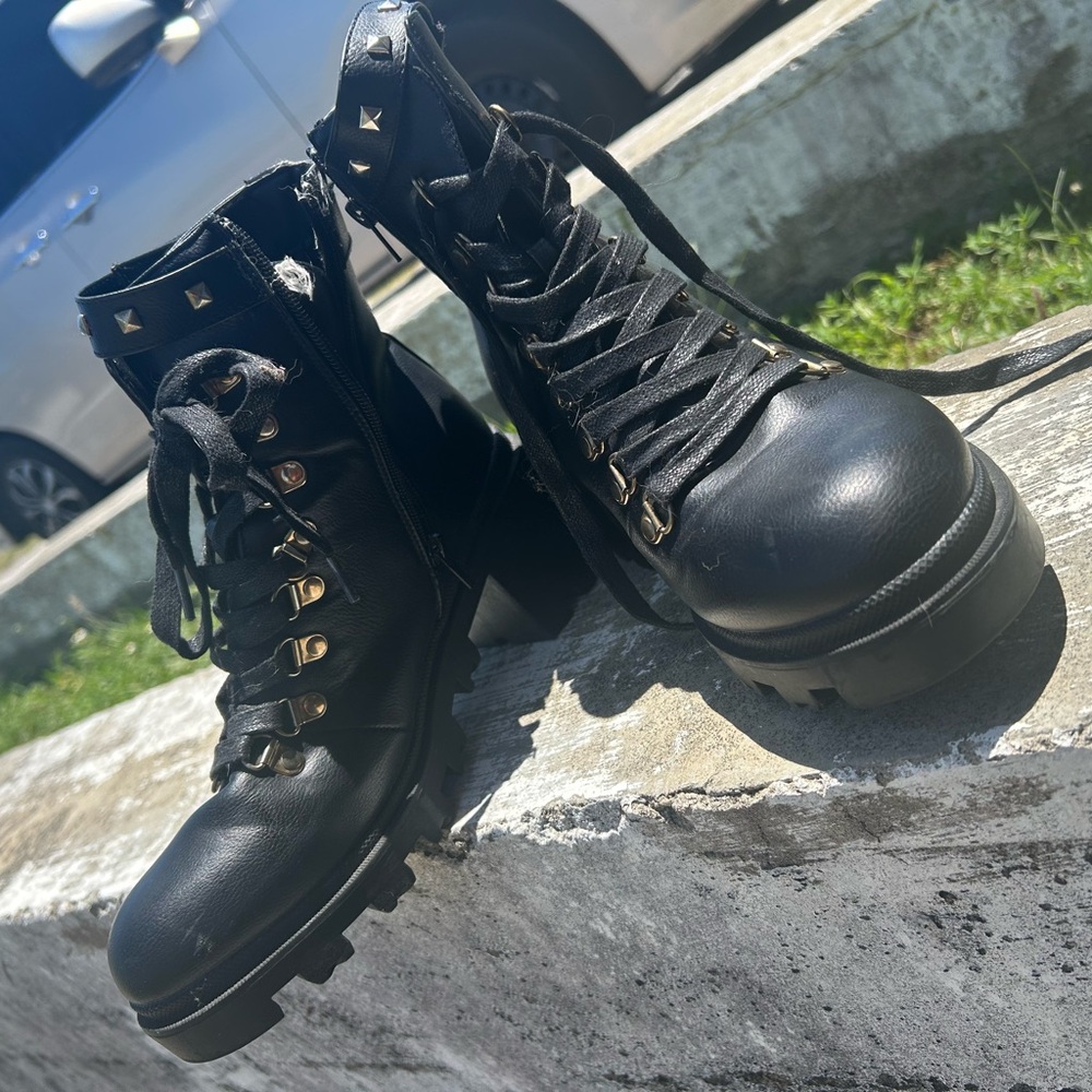 Black Combat Boots with Gold Studs